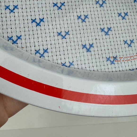 Vtg Round Metal Tin Tray Joy Printed Cross Stitch Design Teddy Bear SNP Chicago - Picture 8 of 13